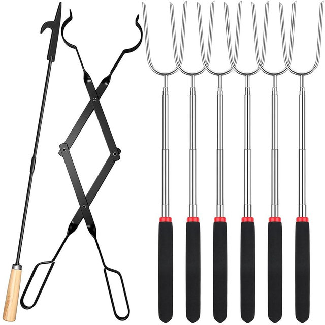 Patelai 8 Pcs Campfire Fire Pit Accessories Include 6 Pcs 25" Smores Sticks for Fire Pit 32" Campfire Poker 25" Fireplace Tong, Roasting Sticks Camping Gear Essentials Hot Dog Fork