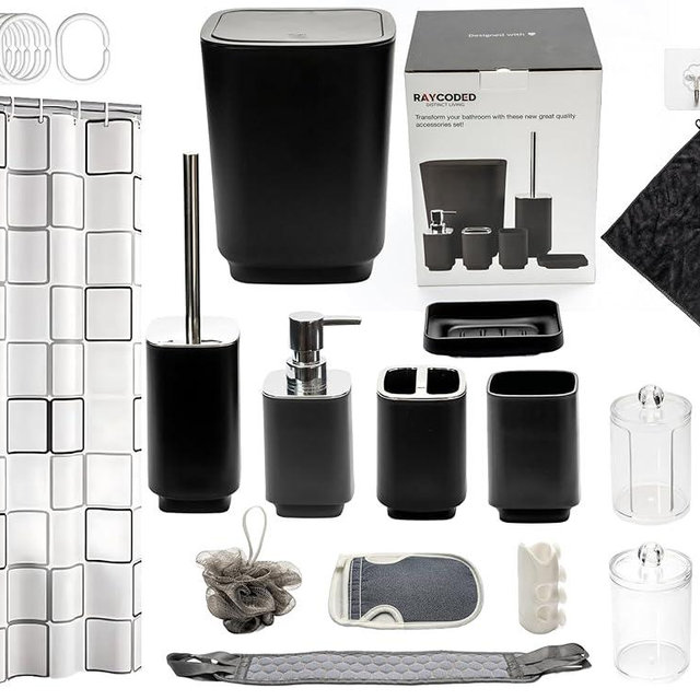 RAYCODED 29pcs, Bathroom Accessories Set, Bathroom Accessory Set with Trash Can, Bathroom Shower Curtain Sets, Shower Curtains for Bathroom Sets, Black Restroom Decor and Accessories