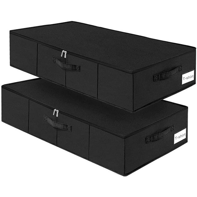 Under Bed Storage, 2 Pack Underbed Storage Container Bags With Lid, Foldable Sturdy Clothes Storage Drawer Organizer W/ 3 Handles, Ultra Thick Fabric Blanket Shoe Storage Box, 30x15x6.7inch, Black