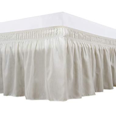 Biscaynebay Wrap Around Bed Skirts Elastic Dust Ruffles, Easy Fit Wrinkle and Fade Resistant Solid Color Silky Luxurious Fabric, Ivory Queen Size 15" Drop