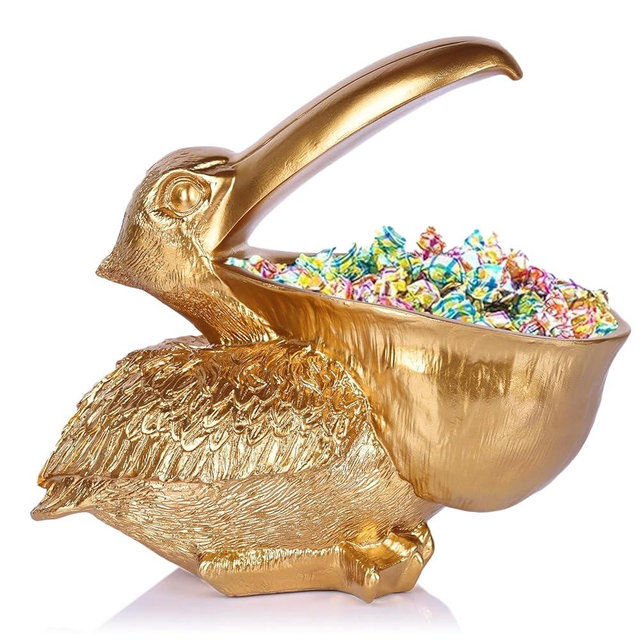 PlivBloom Pelican Key Holder Statues,Fun Animal Hippo Candy Dish,Candy Dish for Office Desk Unique,Modern Key Holder for Pelican Figurine,Suitability Desk and Entry Table Decor Items (All Gold)