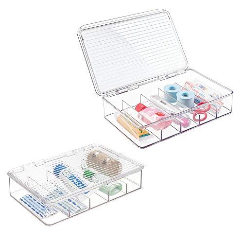 mDesign Rectangular Plastic Stackable Storage Box with Hinged Lid for Organizing First Aid, Medicine, Ointments, Dental, Diabetic Supplies - 5 Divided Compartments, Pack of 2 - Clear