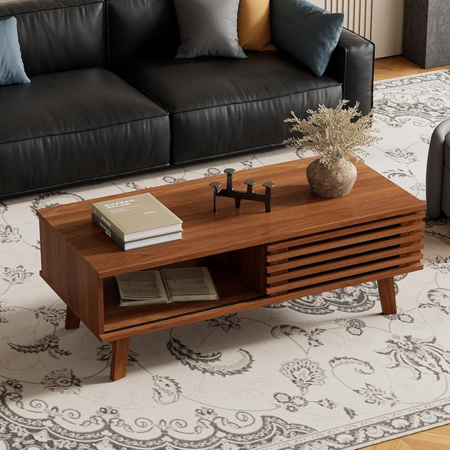 BVFUKA Mid Century Modern Coffee Table for Living Room Apartment, 47.2 '' Rectangle Wooden Center Tables with slatted Door, Dining Table with Storage