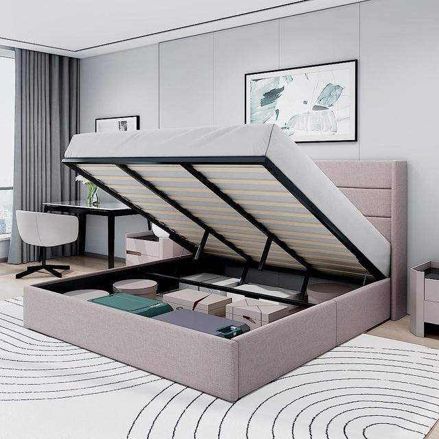 Allewie King Size Lift Up Storage Bed, Modern Wingback Headboard, No Box Spring Needed, Hydraulic Storage, Light Beige
