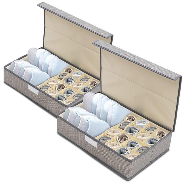 Becko 2 Pack Closet Underwear Organizer Drawer Dividers with Lid Foldable Storage Case for Undergarments, Socks, Ties, Bras, Scarfs, etc., Dustproof & Durable, 17.2×10.9×4.3 in