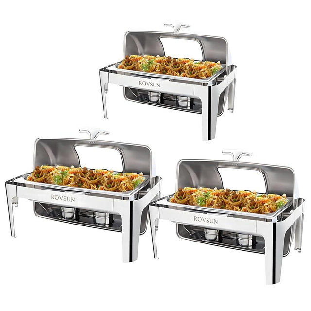 ROVSUN 9QT 3 Packs Roll Top Chafing Dish Buffet Set, Stainless Steel Chafers for Catering, Rectangular Buffet Servers and Warmers Set with Glass Window for Parties, Banquet, Wedding, Full Size