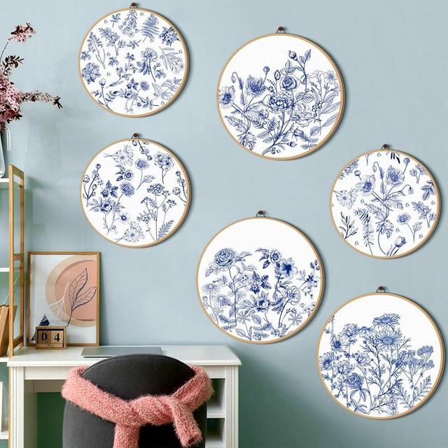 Wesiti 6 Pcs Chinoiserie Wall Art Flower Wooden Wall Art Decor Blue and White Art Print Hanging Sign Floral Hanging Decor for Home Office, 8 Inch, 10 Inch(Blue Floral)