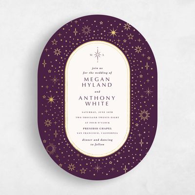 Purple Oval Wedding Invitation - Heron Classic Foil