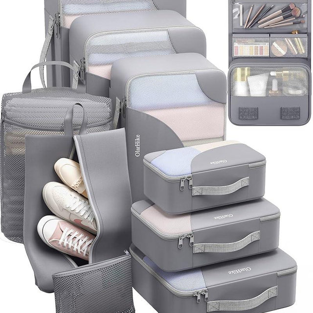 ALL INCLUDED 10 Set Durable Packing Cubes for Travel,Gifts for Women Mom Men,Luggage & Suitcase Organizers with Toiletry Bag,Vacation Essentials for Cruise & Plane,Beach Accessories (Gray)