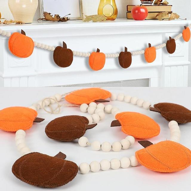 DAZONGE Fall Decor, Felt Pumpkin Garland and Wood Bead for Fireplace Mantle Wall Decor, Fall/Thanksgiving Garland, Farmhouse Fall Decorations for Home