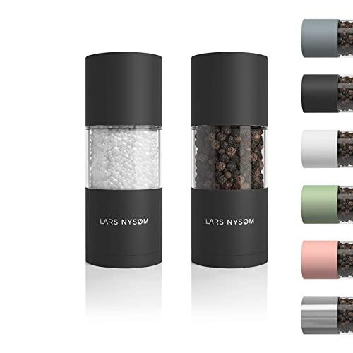 LARS NYSØM Stainless Steel Salt and Pepper Mills Set with Adjustable Ceramic Grinder 2 pieces I Design Spice Mills Set Manual (Set of 2, Onyx Black)