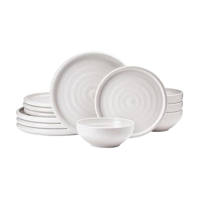 Mikasa Declan 12 Piece Stoneware Dinnerware Set, Service for 4, Modern Plate and Bowl with High Rims for Everyday Use, Beige