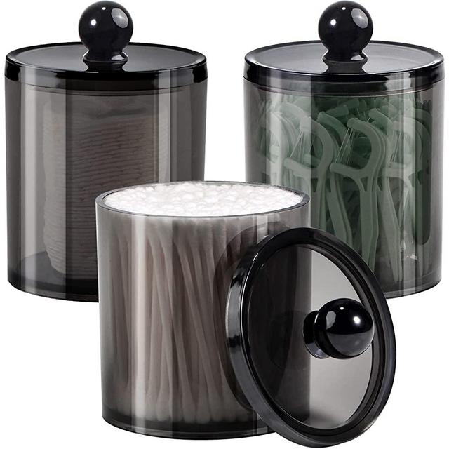 SheeChung 3 Pack Qtip Dispenser Apothecary Jars Bathroom with Labels-12 oz Black Plastic Qtip Holder Storage Set for Cotton Ball,Cotton Swab,Cotton Rounds,Floss Picks, Hair Clips，Hair Ties