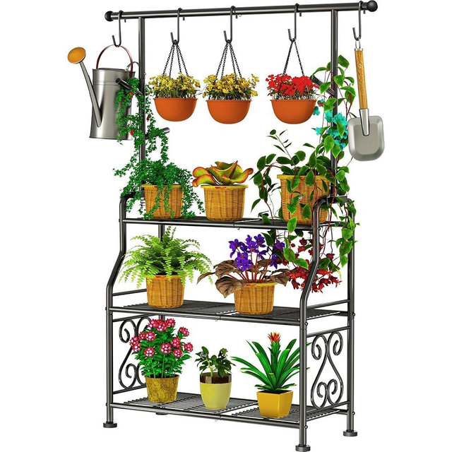 GIOTORENT Plant Stand Indoor Outdoor, 3-Tier Heavy Duty Metal Shelves, Display up to 14 Multiple Plants, Tall Plant Holder with Plant Hanger, Suit for Patio Living Room Garden Balcony, 5 Hooks, Black