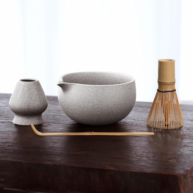 Ivory Gray Matcha Whisk Set with Pouring Spout – Japanese Matcha Kit with Handcrafted Ceramic Bowl, Bamboo Whisk, Scoop, and Holder for Authentic Tea Ceremony