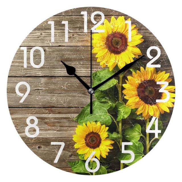 Naanle Stylish 3D Beautiful Sunflowers Vintage Wood Print Round Wall Clock, 9.5 Inch Battery Operated Quartz Analog Quiet Desk Clock for Home,Office,School