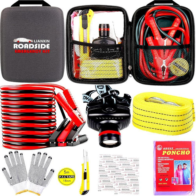 LIANXIN Car Roadside Emergency Kit,Car Safety Roadside Assistance Kit Jumper Cables, Headlamp,Tow Straps,Art Knife,Grey Automotive Emergency Kits
