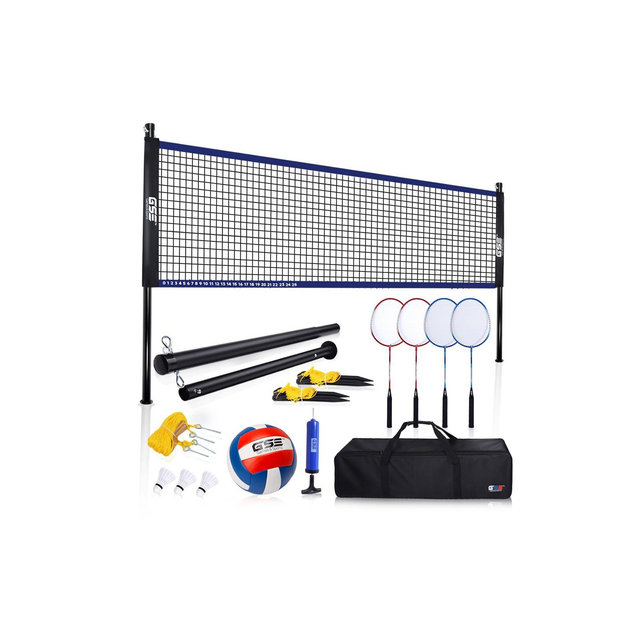 GSE Portable Badminton/Volleyball Combo Set with Net, Volleyball with Pump, 4 Badminton Rackets, 3 Shuttlecocks & Carrying Bag
