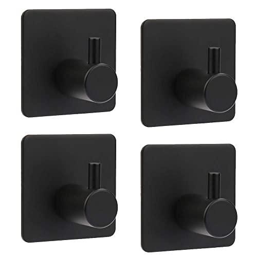 Adhesive Hooks, ShineMe Heavy Duty 304 Stainless Steel Wall Hangers for Hanging Coats Key Towel Hooks for Bathrooms Door Kitchen Office Home, Black (4 Pack)