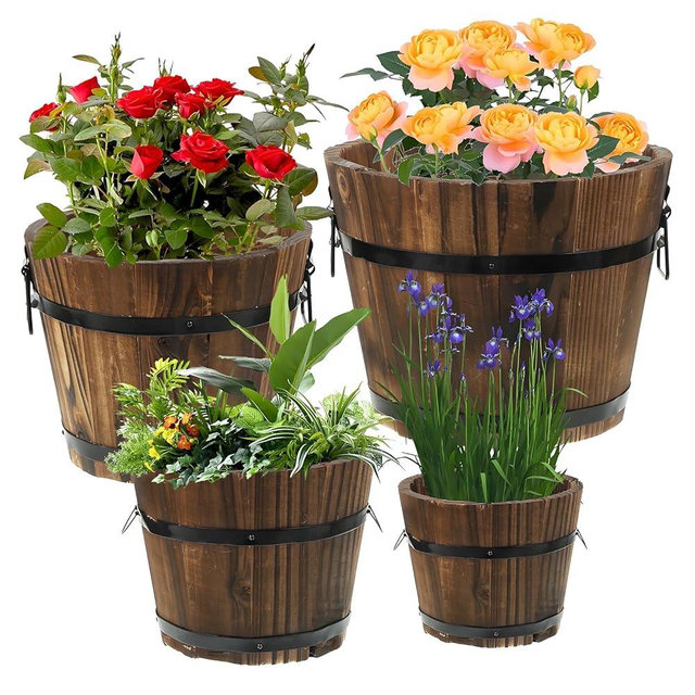 Hlimior 4 Pcs Wooden Whiskey Barrel Planters, Wooden Flower Planters Pots Boxes with Metal Handles 4 Sizes Planting Wood Buckets Christmas Tree Pot for Indoor Outdoor Garden Home Plants