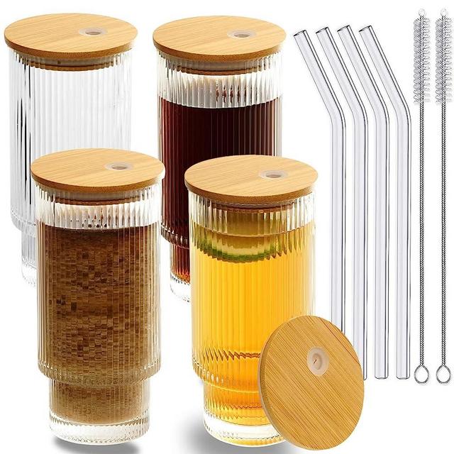 CAYOREPO 4 Pcs Set 16oz Ribbed Drinking Glasses with Bamboo Lids and Straws, Ribbed Glass Cups, Stackable Glasses, Vintage Water Glasses for Juice, Beer, Coffee, Tea and Cocktail (Clear(4Pcs))