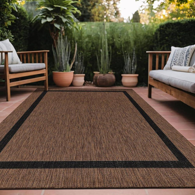 LuuL Home Bordered Outdoor Rug 6x9 Washable Outside Carpet for Indoor Patio Porch Waterproof Easy Cleaning Non Shedding Area Rugs Nut Brown - Black 6 x 9