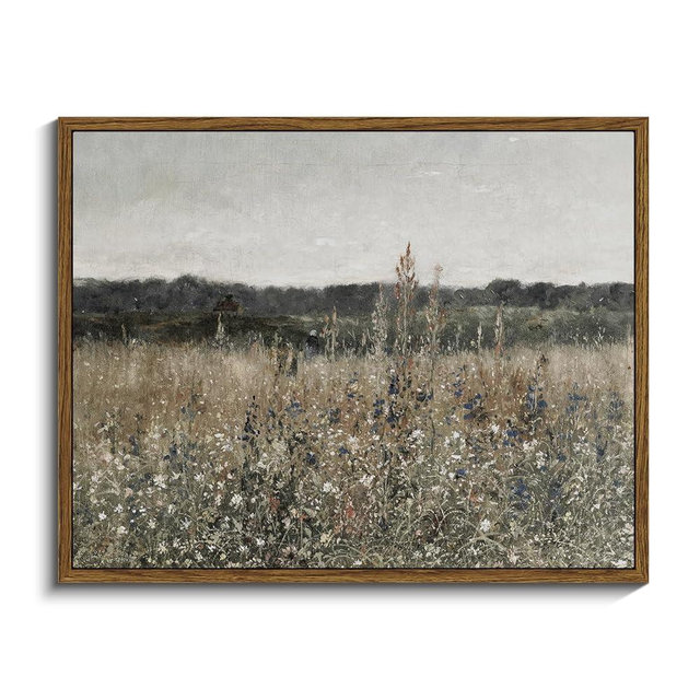 InSimSea Framed Vintage Wall Art Bedroom Aesthetic, Wildflower Field Canvas Wall Art Paintings Prints, Rustic Landscape Wall Decor for Bathroom Office, Office Dining Room Decor 11x14in