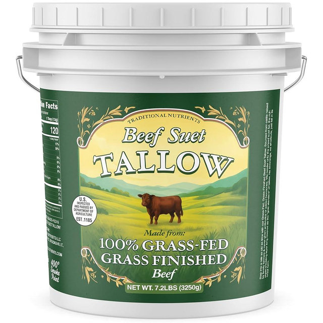 Pasture Raised Beef Tallow, Grass-Fed & Grass-Finished, Made from Beef Suet for More Nutrients, 7.2lb Tub