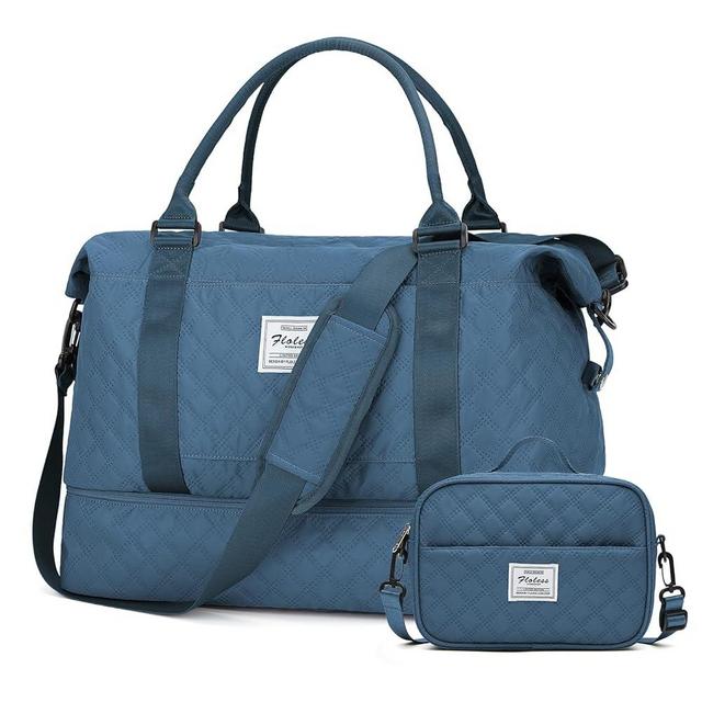 Weekender Bags for Women, Travel Duffel Bags with Shoe Compartment,Personal Item Travel Bag for Airlines, Carry on Overnight Tote Bag for Women with Toiletry Bag，Grid-Blue