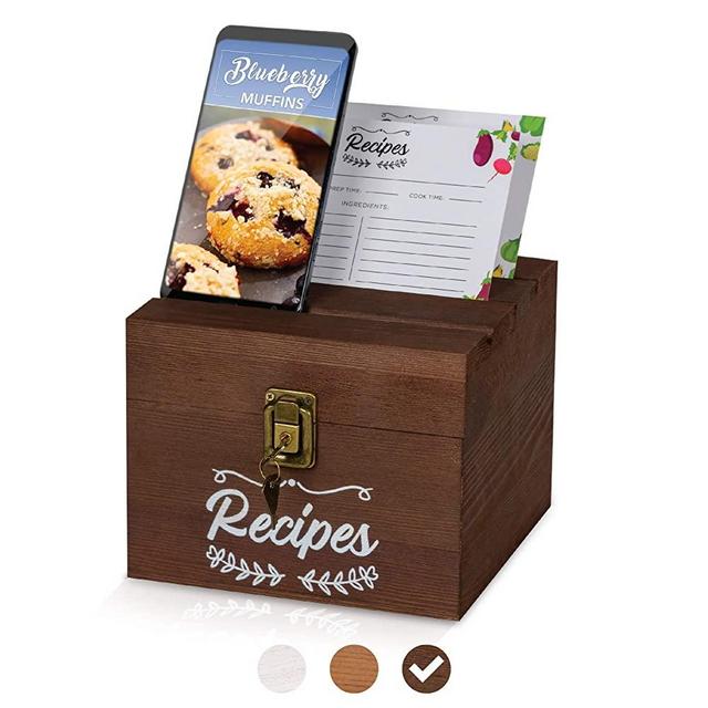 Pinelive Rustic Recipe Box with Cards and Divider and Phone Holder! Lockable Recipe Organizer Box with 100 Index Recipe Cards 4x6 Double Sided and 16 Dividers. Pine Wooden Recipe Card Box, Espresso