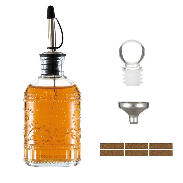 Wongblee Retro Glass Syrup Dispenser Bottle 7oz, Oil and Vinegar Cruet with Stainless Steel Pour Spout, Labels, Funnel & Stopper(Floral-A)