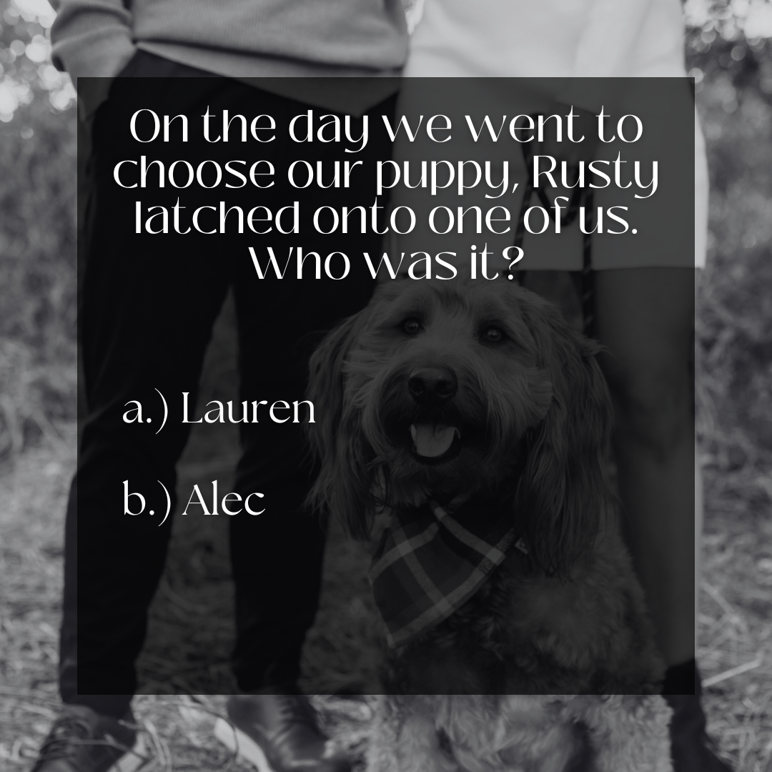 b.) Rusty and Alec were inseparable from the moment we walked in. Lauren  played with each of his siblings but Alec immediately picked Rusty up, cuddled him, & never set him back down. It was meant to be!