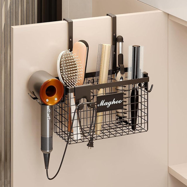 Magheo Hair Dryer Holder Cabinet Door 3-in-1 Adhesive Hair Tool Organizer Wall Mounted Adjustable Height Blow Dryer Holder Under Sink Bathroom Hair Appliance Organizer and Storage Countertop(Black)