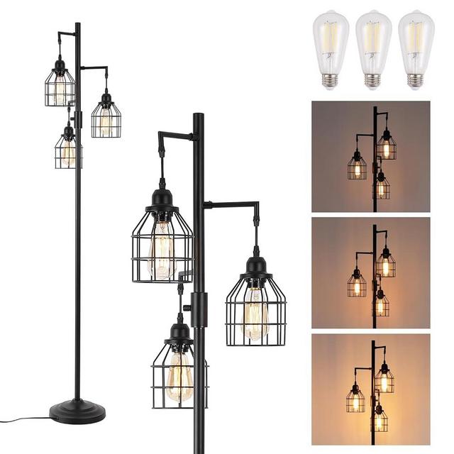 9MMML Floor Lamp for Living Room, Farmhouse Industrial Dimmable Floor lamp,3 Lights Metal Cage Tree Standing Lamp,68", 3Pcs Led Bulbs Included