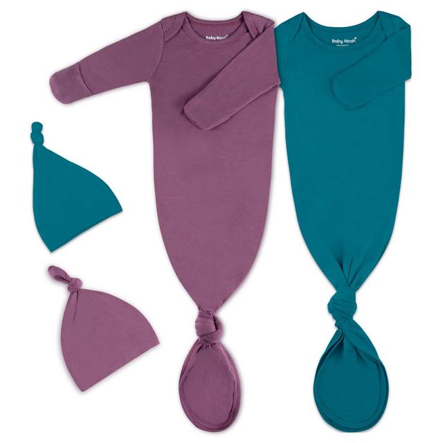 2Pk Newborn Baby Knotted Gown, Super Soft Silky Infant Long Sleeve Sleeper for Baby Sleeping with Hat or Headband (2 Packs)