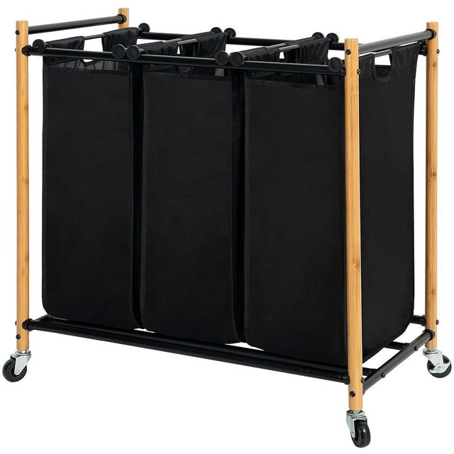 STORAGE MANIAC 3 Section Laundry Sorter, 3 Bag Laundry Hamper Cart with Heavy Duty Rolling Lockable Wheels and Removable Bags, Laundry Organizer Basket Clothes Separator Hamper, Bamboo