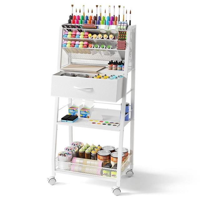 Homsorout 3 Tier Rolling Cart - Metal Utility Cart with Storage Drawer and Wheels, Versatile Art & Craft Organizer for Home, Office, or Studio - Ideal for Storing Brushes, Paints, and Supplies（White）