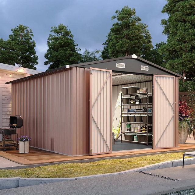 Aoxun 10x12 Shed with Brown Floor Galvanized Steel Outdoor Storage Shed Metal Garden Shed with Moisture-Proof Floor & Ventilation, Sloped Roof for Bike/Generator/Tool Storage (Brown with Floor)