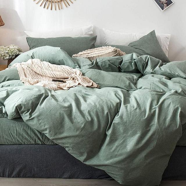 MooMee Solid Bedding Duvet Cover Set (1 Comforter Cover + 2 Pillow Shams) 100% Washed Cotton Linen Like Textured Breathable Durable Soft Comfy (Green, King)