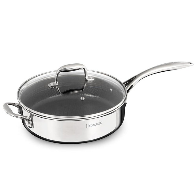DELUXE Hybrid Ceramic Nonstick 3.7 Qt Deep Sauté Pan with Lid, Stainless Steel Skillet with Stay-Cool Handles, Dishwasher and Oven-Safe, PFOA Free Deep Frying Pan, Compatible with All Cooktops