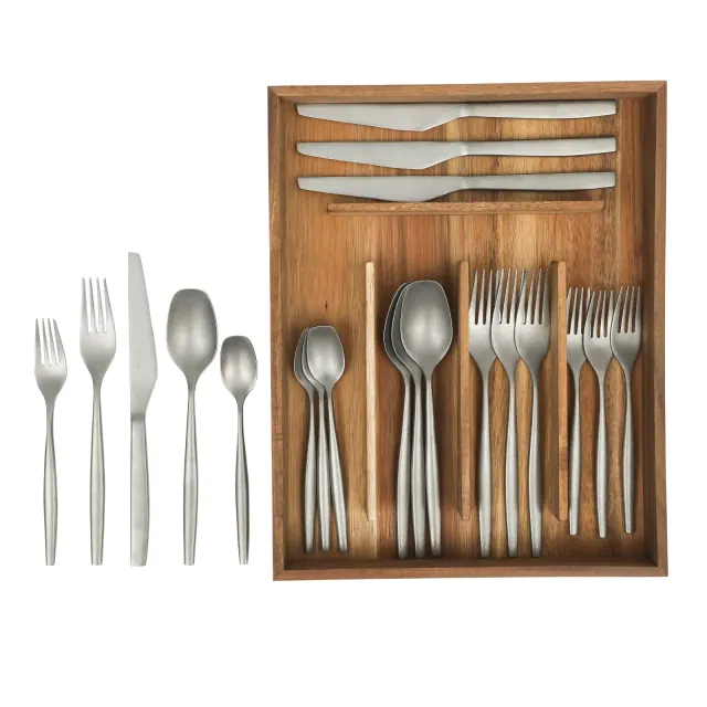 Bloomhouse 20 Piece Stone Washed Flatware 18/10 Stainless Steel Silverware Cutlery Utensil Set With Acacia Wood Caddy - Service for 4
