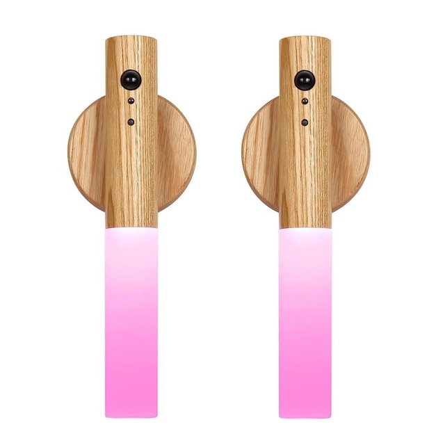 LANDGOO RGB Motion Sensor Night Light, Color Changing Atmosphere Lamp, Battery Powered Rechargeable LED Wood Wall Sconce for Home Party Lighting (RGB Ash Wood 2PCS)
