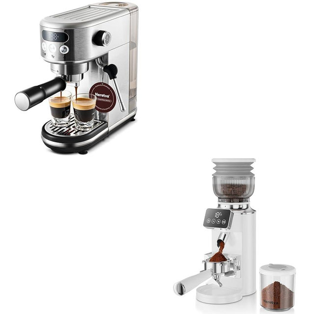 Neretva Super Compact Espresso Maker Stainless Steel Professional Coffee Machine Espresso & 2 in 1 Professional Espresso Grinder