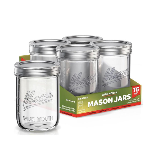 SEWANTA Wide Mouth Mason Jars 16 oz [10 Pack] With mason jar lids and Bands, mason jars 16 oz - For Canning, Fermenting, Pickling - Jar Décor - Microwave/Freeze/Dishwasher Safe.