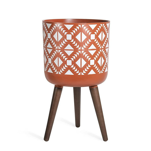 D'vine Dev 12 Inch Planter Pot with Stand, Mid-Century Tall Plant Pot with Legs for Indoor Plants, Large, Pottery Red Terracotta/White, 88-GM-L-TW