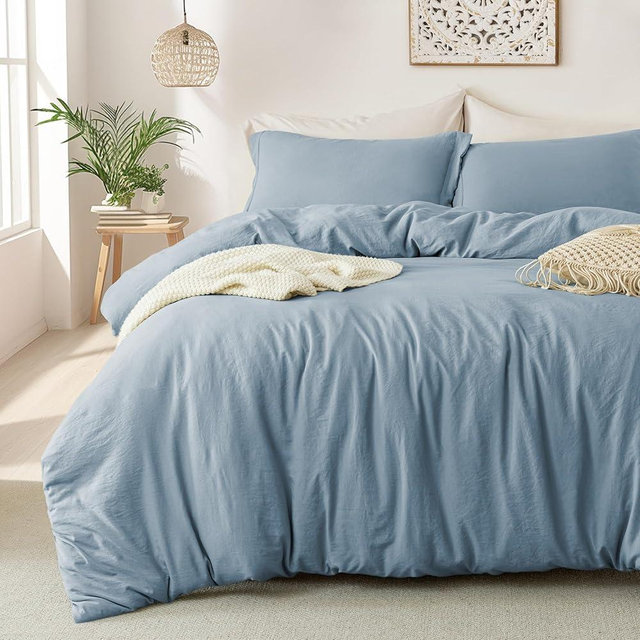 MILDLY Super Soft Duvet Cover - 100% Washed Microfiber Haze Blue Comforter Cover Set 3 Pieces with Zipper Closure & Corner Ties (No Comforter)