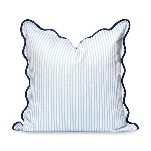 Hofdeco Premium Coastal Patio Indoor Outdoor Scalloped Throw Pillow Cover Only, 20"x20" Water Repellent for Backyard, Couch, Baby Blue Print Stripes