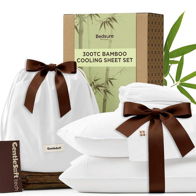 Bedsure Bamboo Rayon Cotton Sheets, Queen Sheet Set, Cooling, GentleSoft, Breathable, Deep Pocket Up to 18 Inches, Hotel Luxury Bedding for Hot Sleepers, White