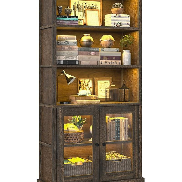 TVU 5-Tier Bookcase with Cabinet & LED, Wood 65 Inch Tall Bookshelf with Storage, Floor Standing Display Book Shelf for Living Room, Office, Study, Entryway (Rustic Brown)