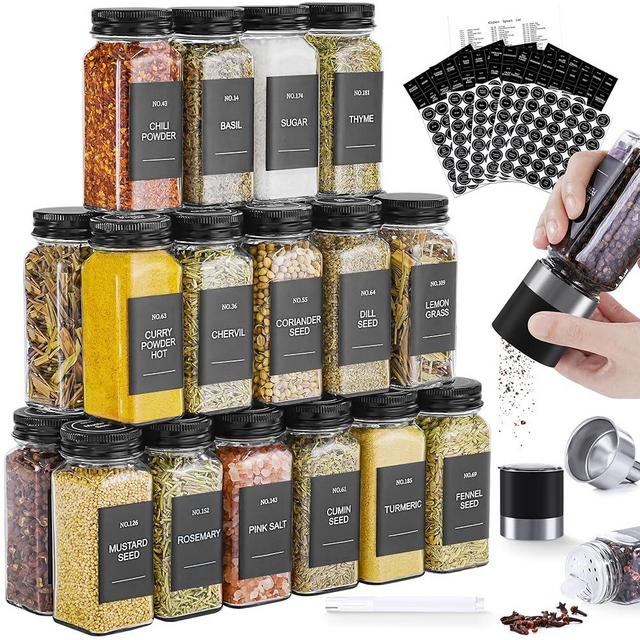 Miuyhji Spice Jars, 24 Pcs 4oz Spice Jars with Label, Glass Jars with Shaker Lids, Spice Containers Bottles with Pepper Grinder & Stainless Steel Funnel for Seasoning Organizer, Cabinet, Drawer